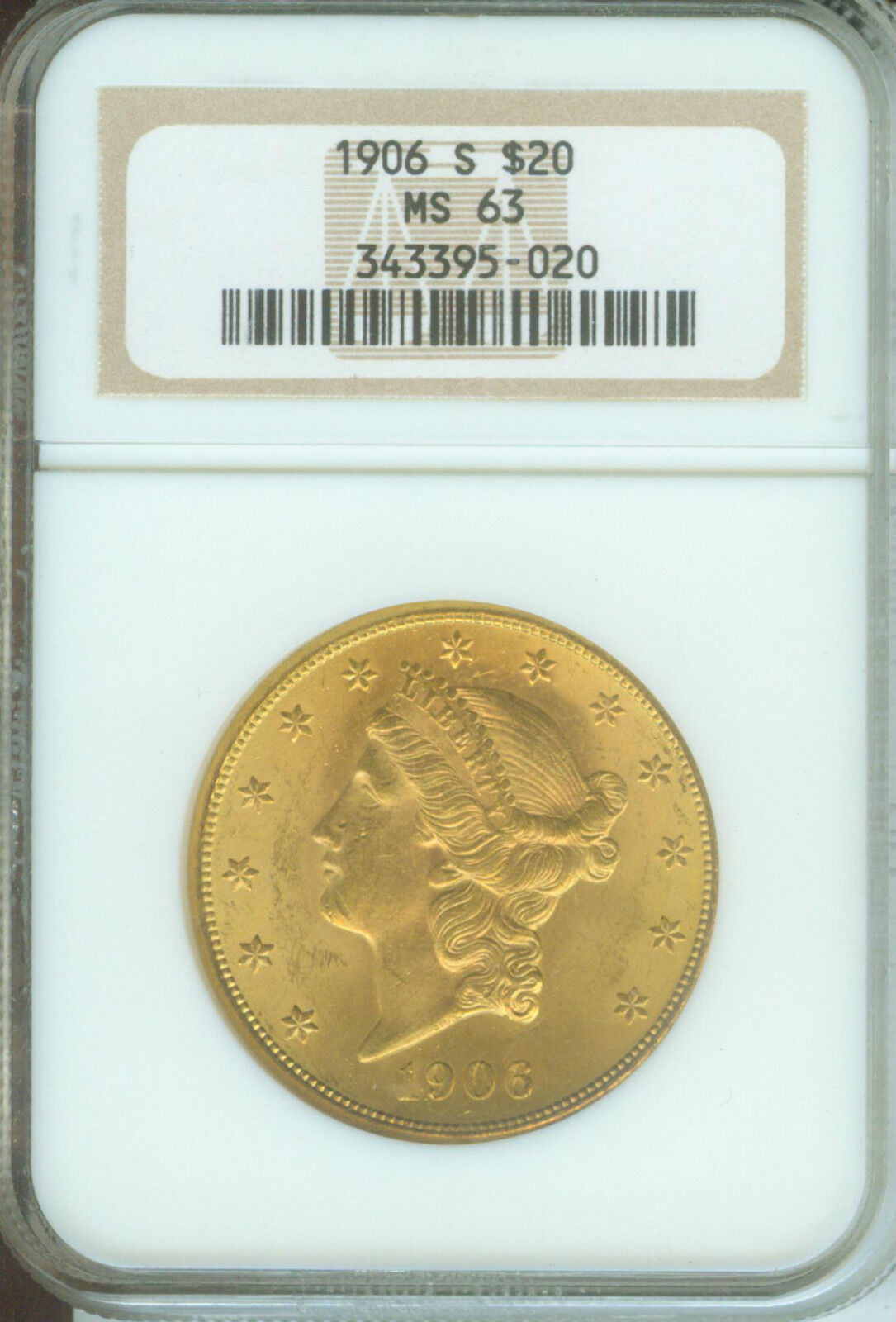 1906-S $20 LIBERTY NGC MS63 GOLD COIN MS-63  OLD HOLDER