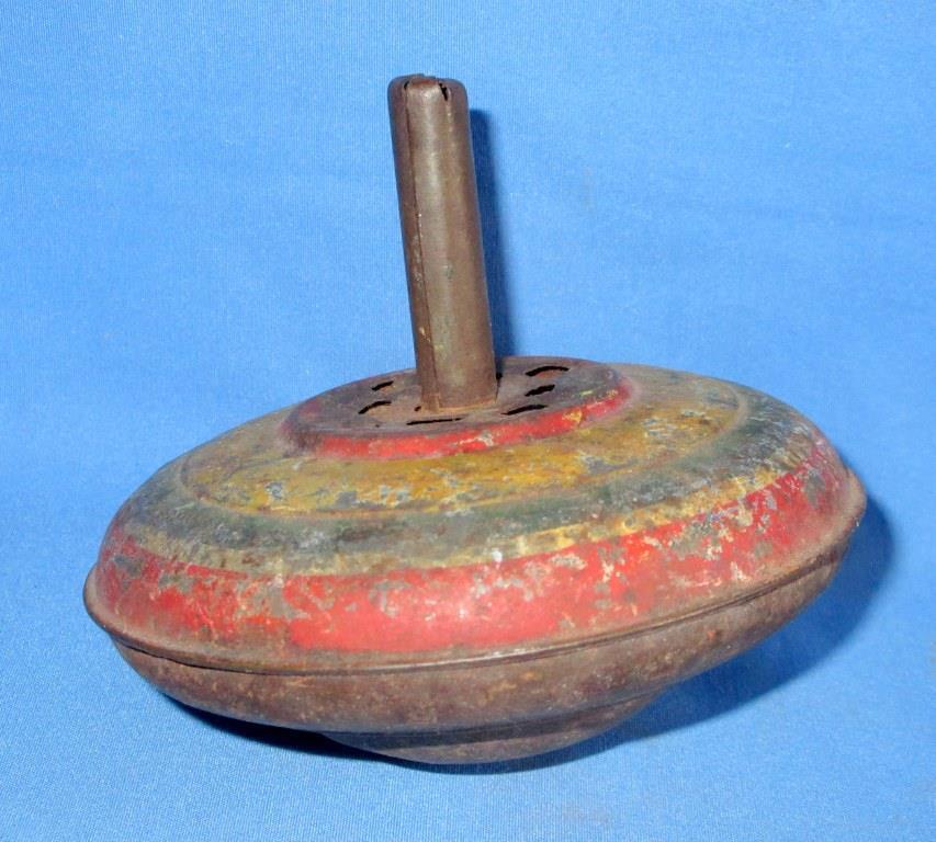 Vintage Old Iron Made Litho Print Children Play Rotational Wheel Rattle Tin Toy