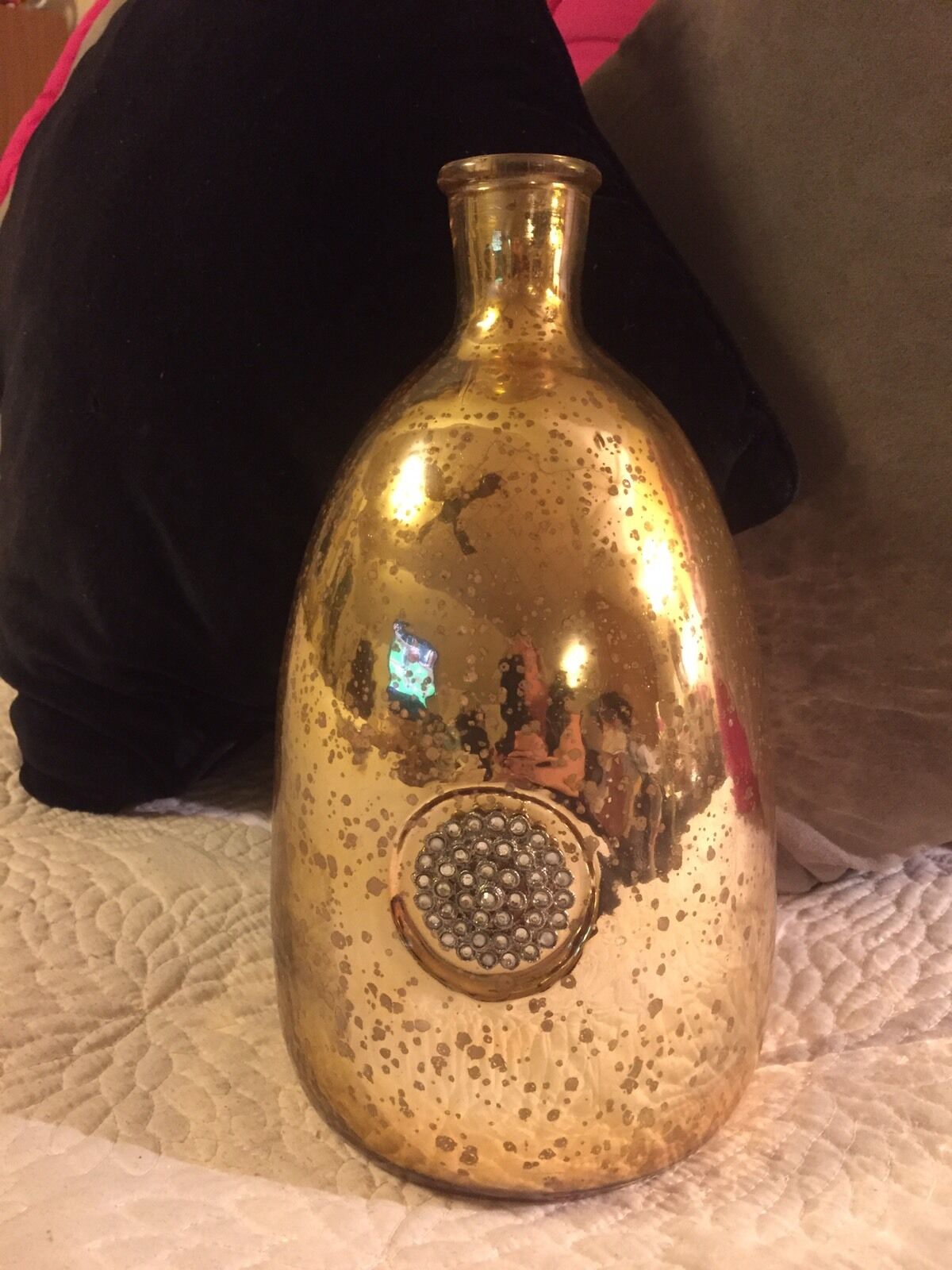 Gorgeous Large Shiny Gold Dotted Pattern Vase/Handcrafted India/Rhinestones