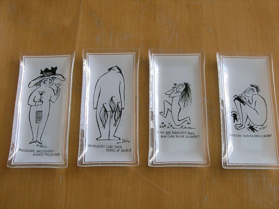 Group 4 vintage Glass Trays Cartoon Comics Caricatures Quotes Lois Stearns