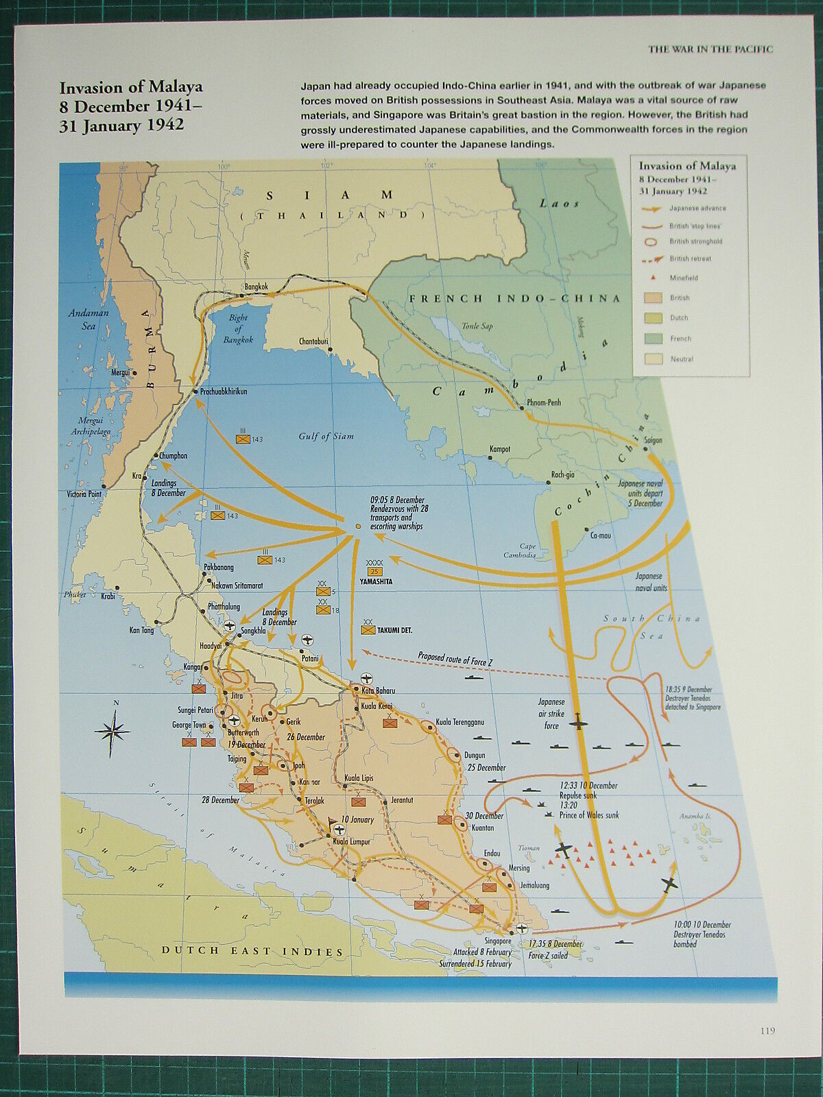 WW2 WWII MAP ~ INVASION OF MALAYA 8 DEC 1941 - 31 JAN JAPANESE ADVANCE MINES