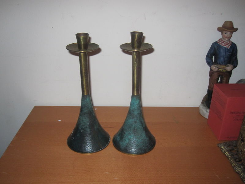 pair @ 2 Vintage Metal Brass Verdigris Enamel Israel Judaica Candlestick 9.5\