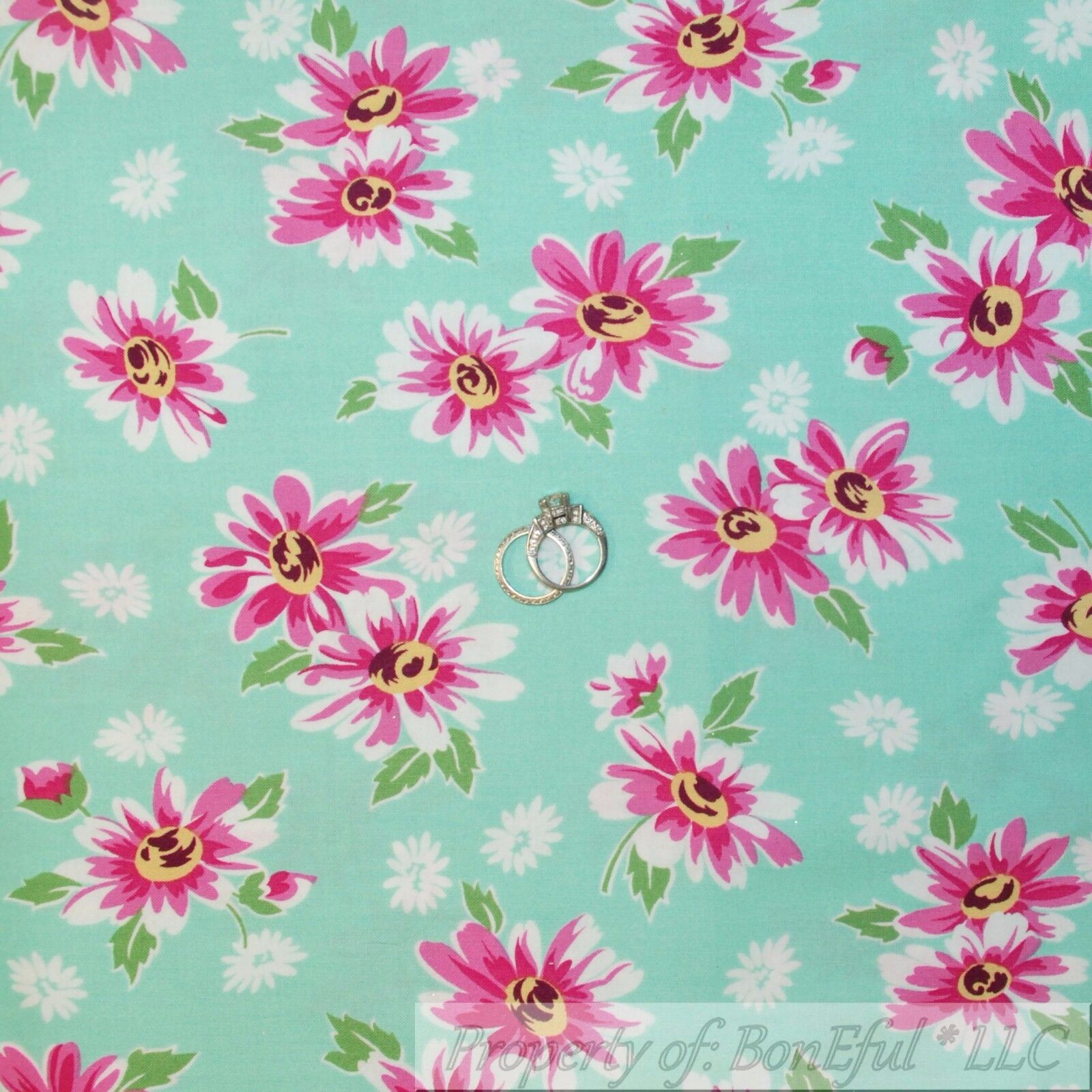 BonEful Fabric FQ Cotton Quilt Aqua Blue Pink White Victorian Rose Flower Garden