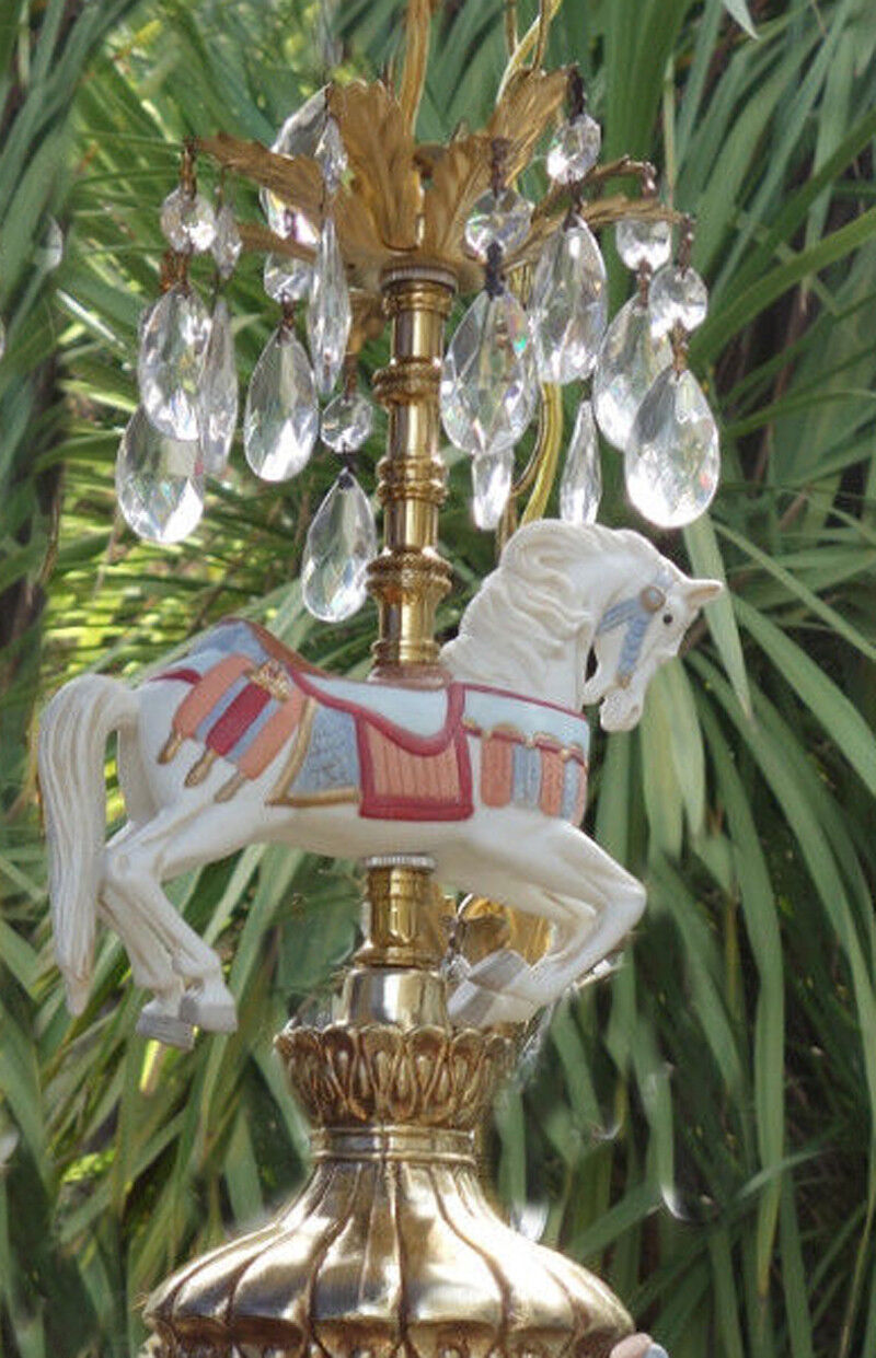 1 White porcelain Horse Carousel ceiling Lamp spelter brass Chandelier Vintage