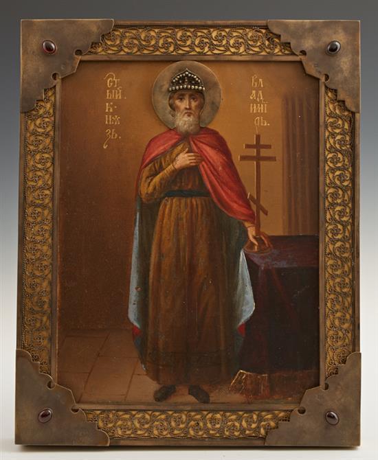 Russian Icon of Saint Vladimir, 1908-1917, Moscow, in a gilt silver f... Lot 269
