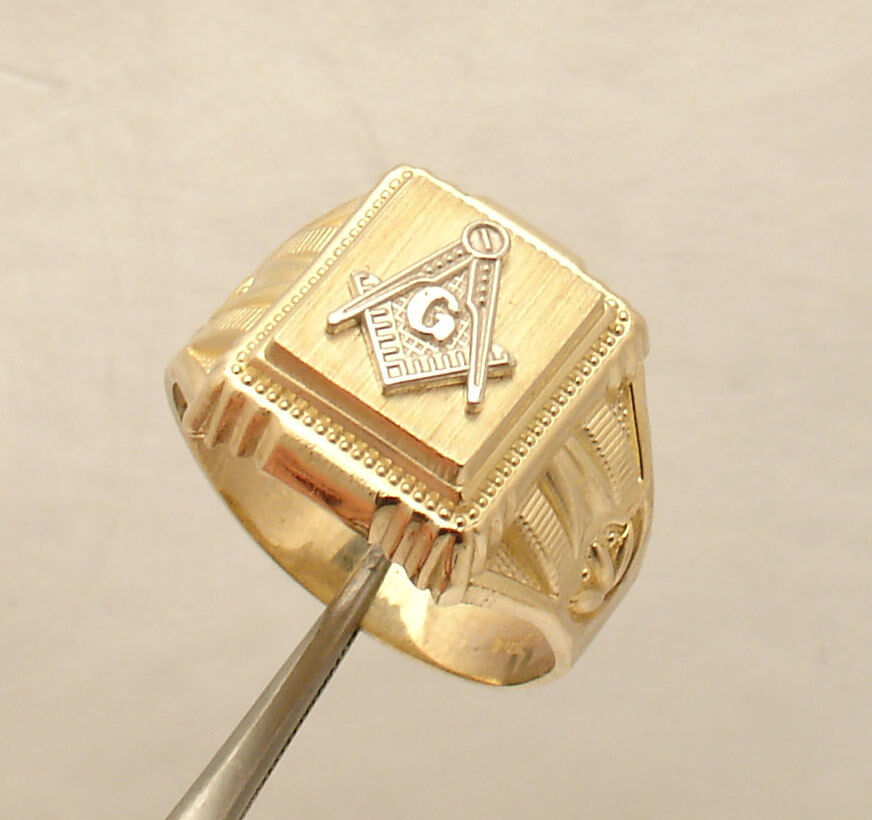 Men\'s Square Compass Masonic Pinky Signet Ring Real Solid 10K Yellow White Gold