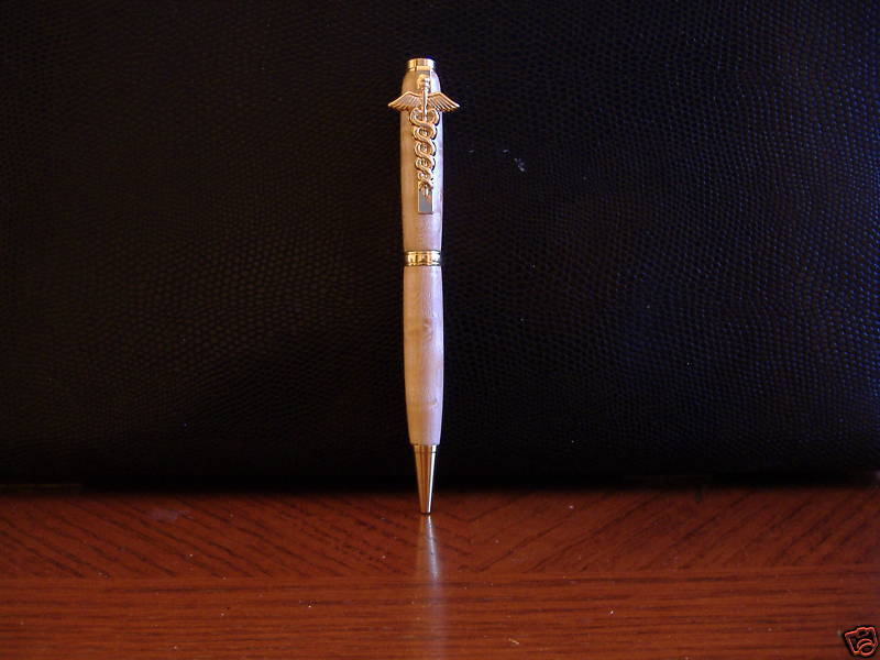 birdseye Maple with caduceus medical clip in gold pen 