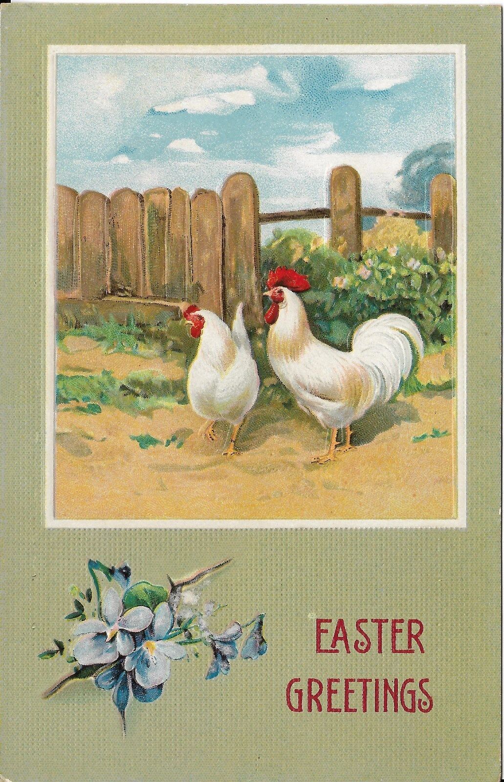 Antique Postcard Easter Greetings, Hen and Rooster in Farmyard, Maybe Linen?