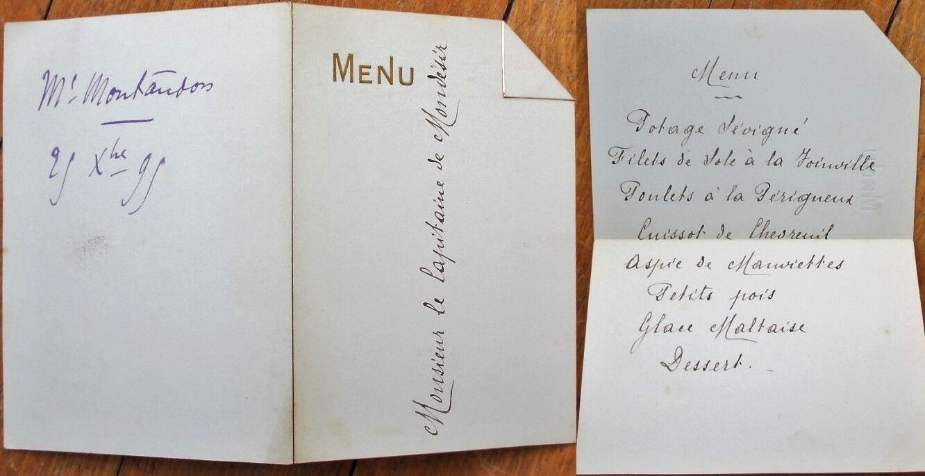 Menu: French 1895 Handwritten - Blue Paper & Gold Vignette