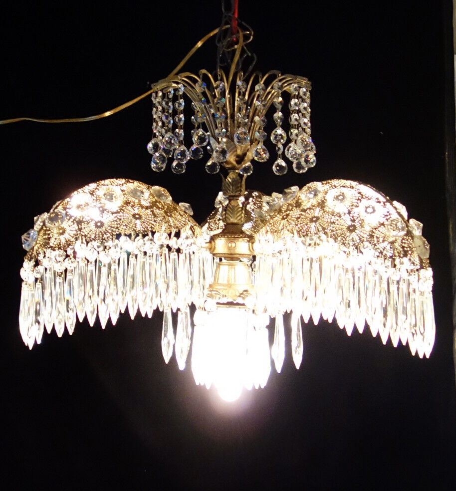 Antique jeweled PALM Hollywood Regency Tole Brass SWAG lamp chandelier Vintage