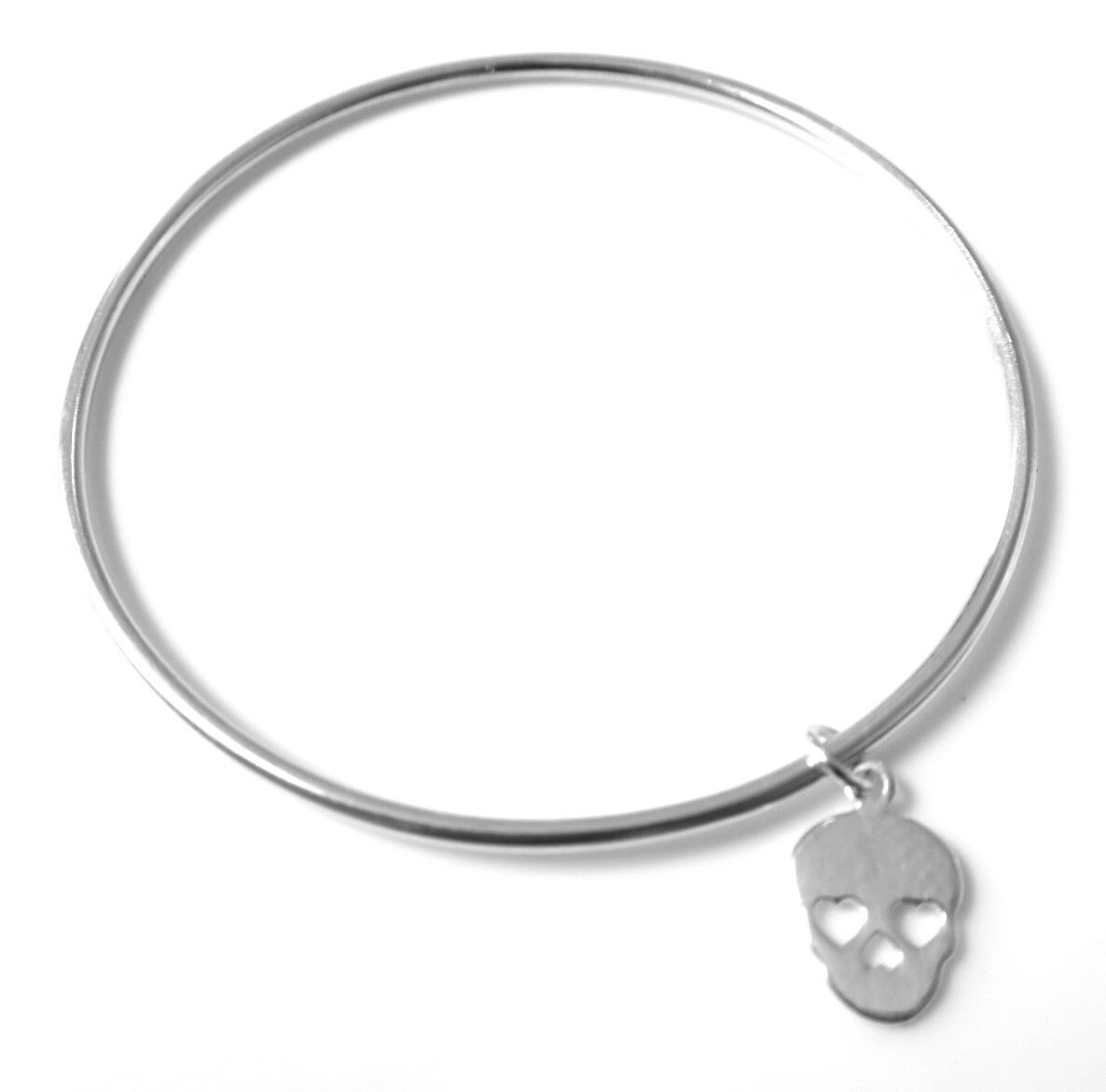 Sugar Skull Day of the Dead Charm on 2mm Sterling Silver Round Bangle Bracelet