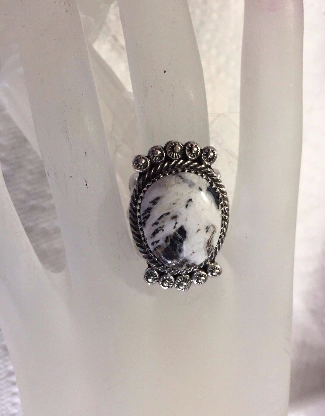Denetdale White Buffalo Sterling Silver Ring  Navajo sz 7.5 USA sign ladies 0080