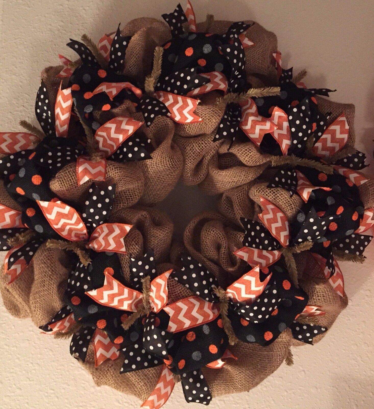 NEW Handmade Burlap Ribbon Thanksgiving Fall Wreath Chevron Polka Dot Door Decor