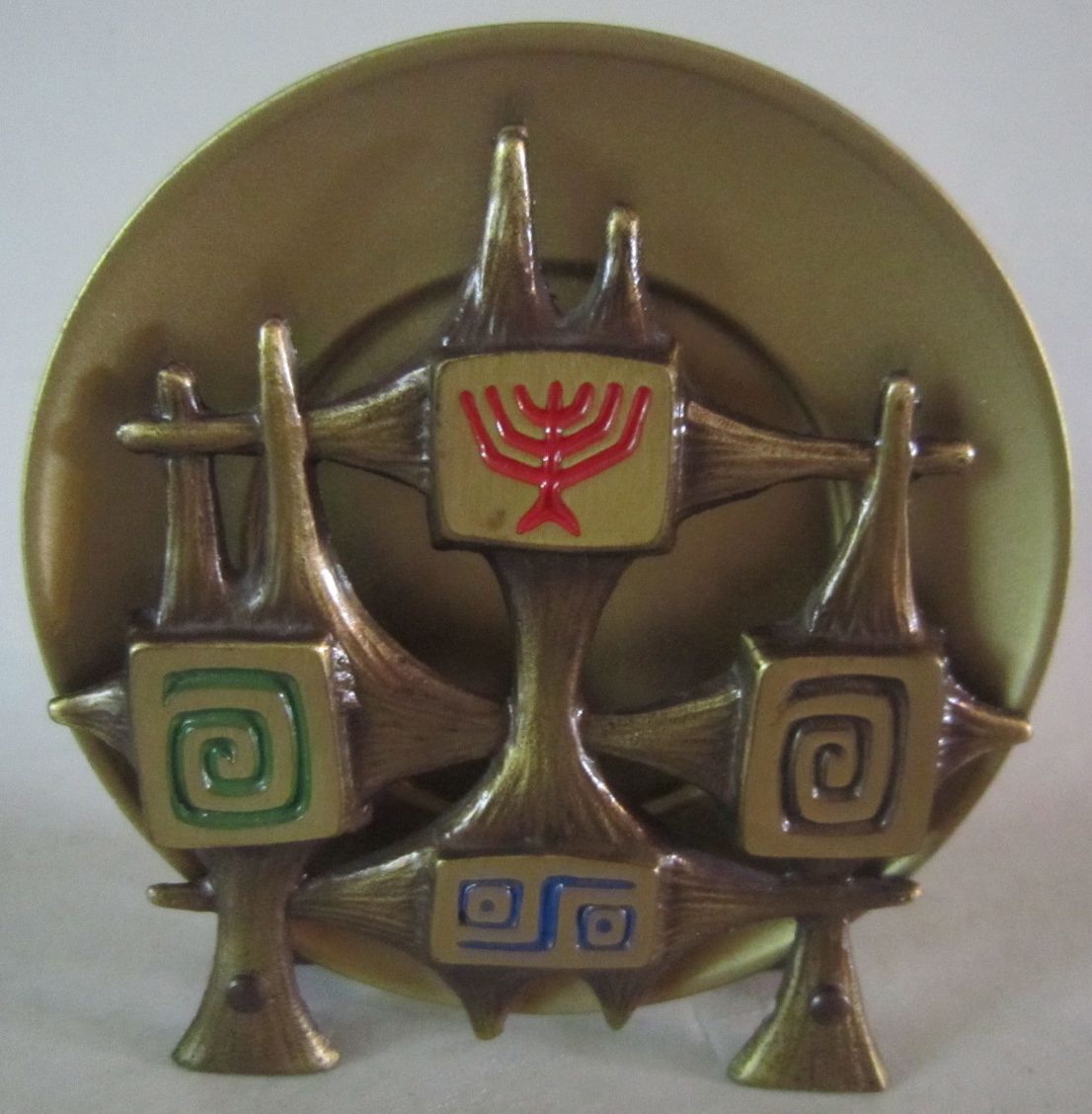Vintage Modernist DAYAGI ISRAEL Solid Brass & Enamel 6 COASTER STAND Holder