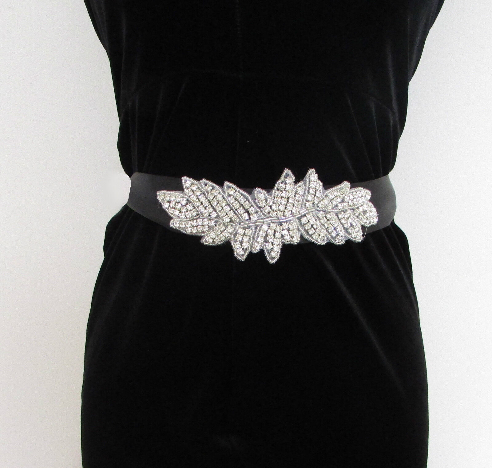 Black Silver Diamante Belt 1920s Flapper Prom Great Gatsby Vintage Art Deco 5AN