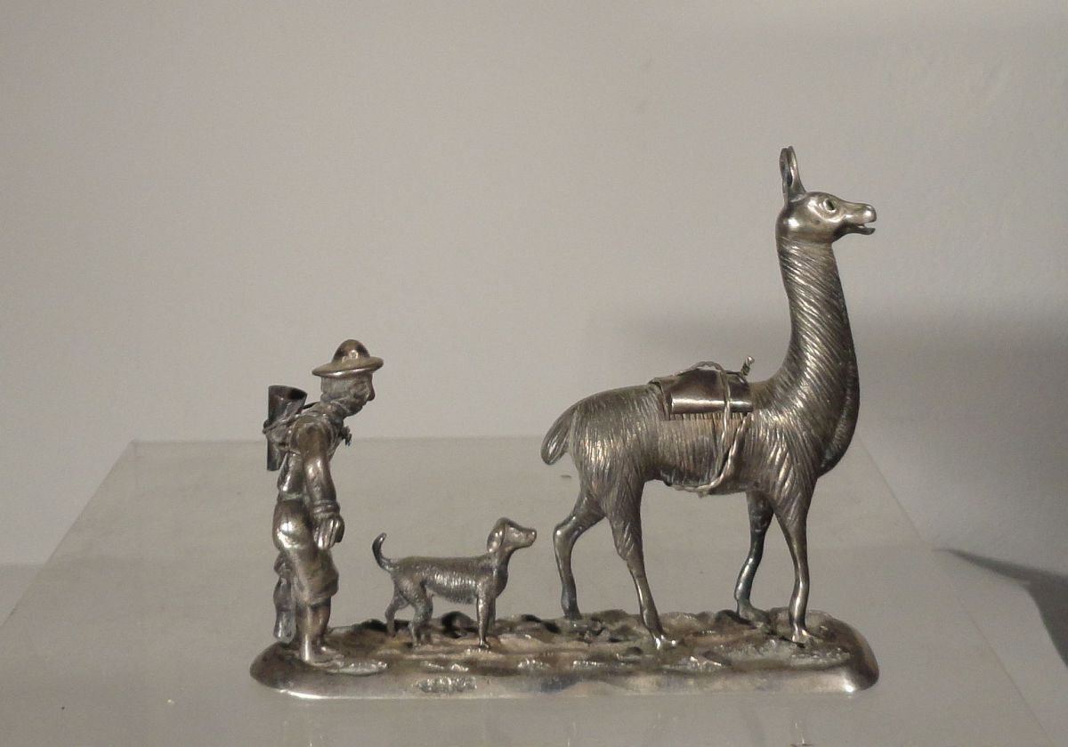 Antique Vintage Spanish Spanish Colonial Silver Figure Alpaca Group Dog Llama