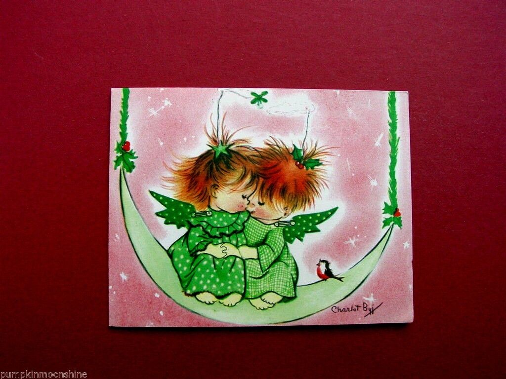Vintage Unused Charlot Byj Xmas Greeting Card, Adorable Angel on Moon Swing.