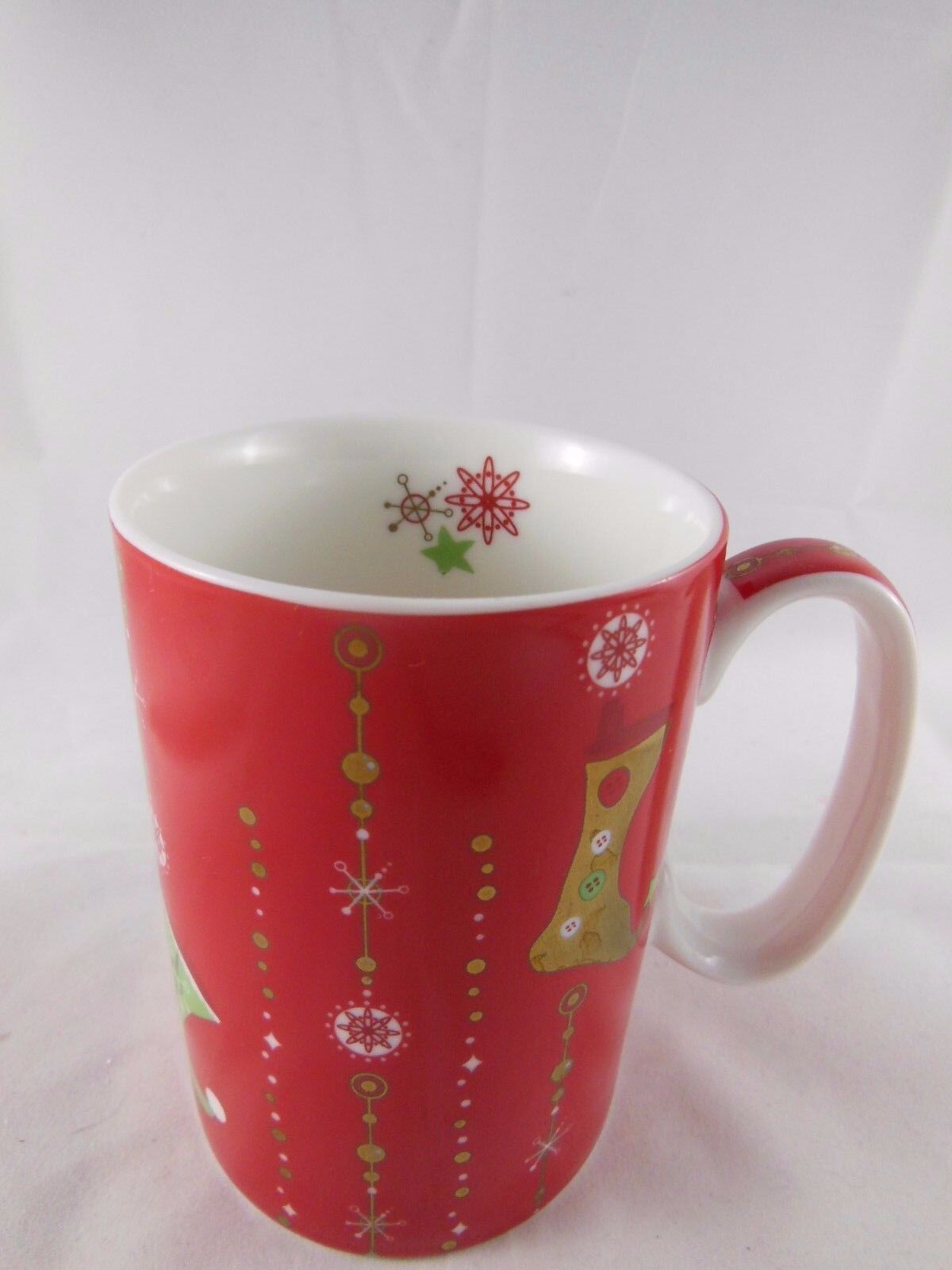 Starbucks Holiday Gold Red Coffee Mug  Christmas Stockings Snowflakes 14 oz 2006
