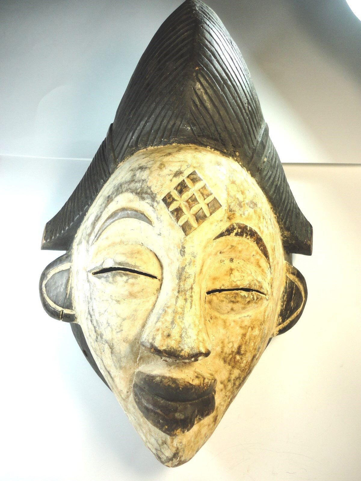 Vintage / Antique Punu  People Gabon  Wood  Carved Ceremony mask black & white 