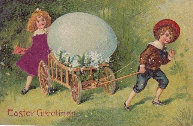 Antique EASTER POSTCARD c1907-20 Girl Mauve Dress Egg Cart Embossed 17872