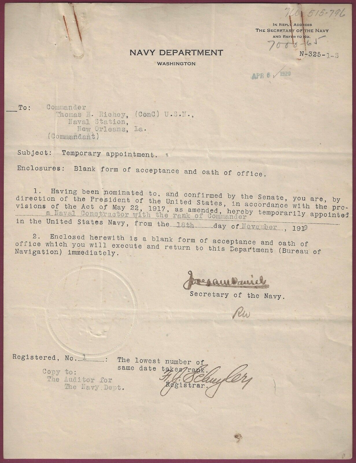 Josephus Daniels, Navy Secretary, Signed Orders, 1920, COA, UACC RD 036