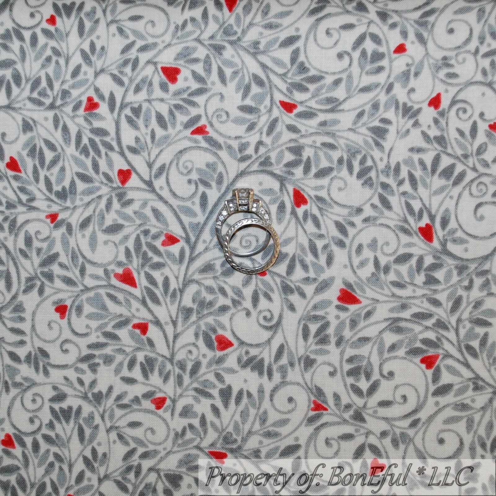 BonEful FABRIC Cotton Quilt Cream Gray Leaf Swirl Red Heart French Country SCRAP