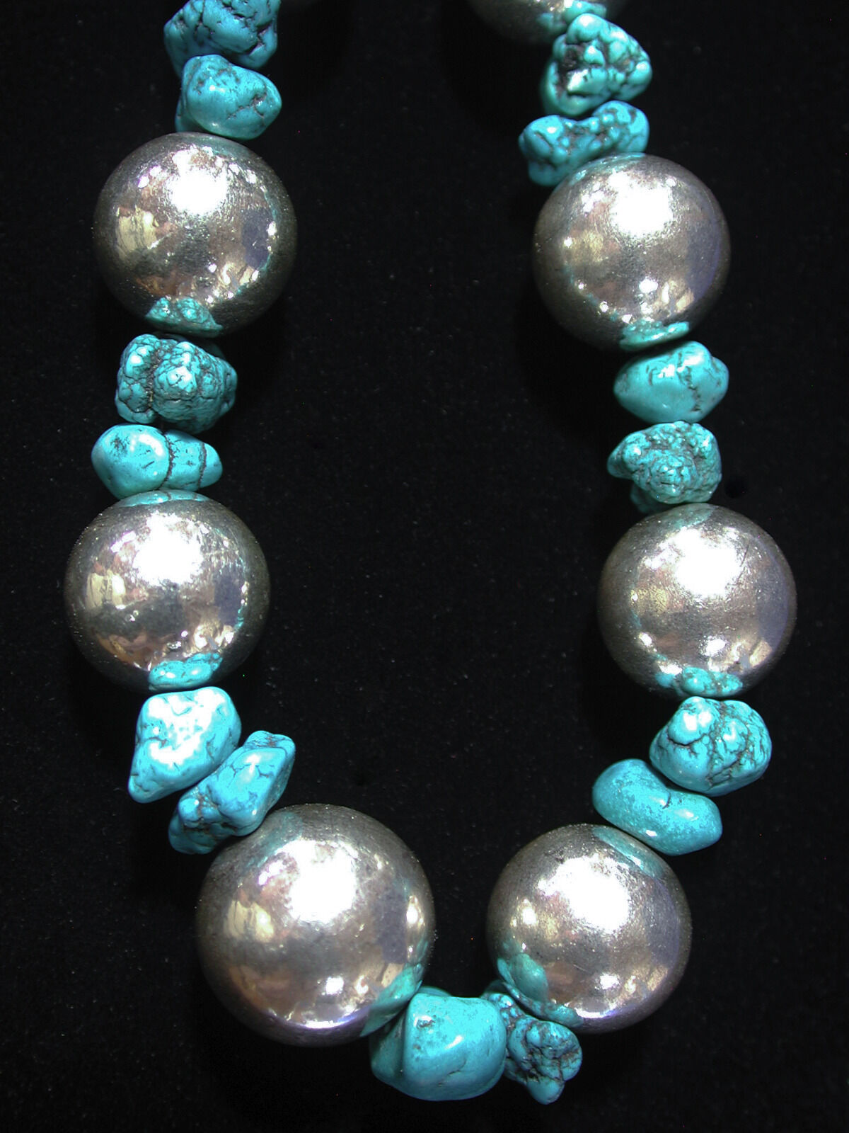Vintage Old Pawn Navajo Silver Graduated Beads Turquoise Nugget Beads Unmarked