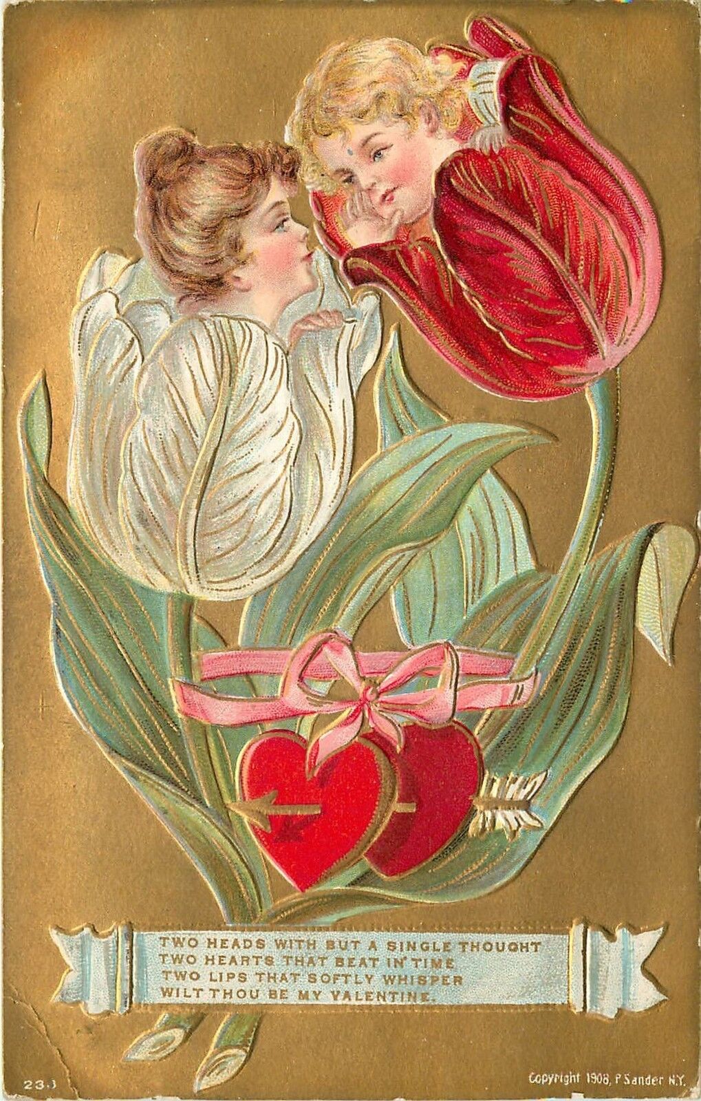 c1908 Embossed Valentine Postcard Faces in Flowers Tulips, Two Heads, Two Hearts
