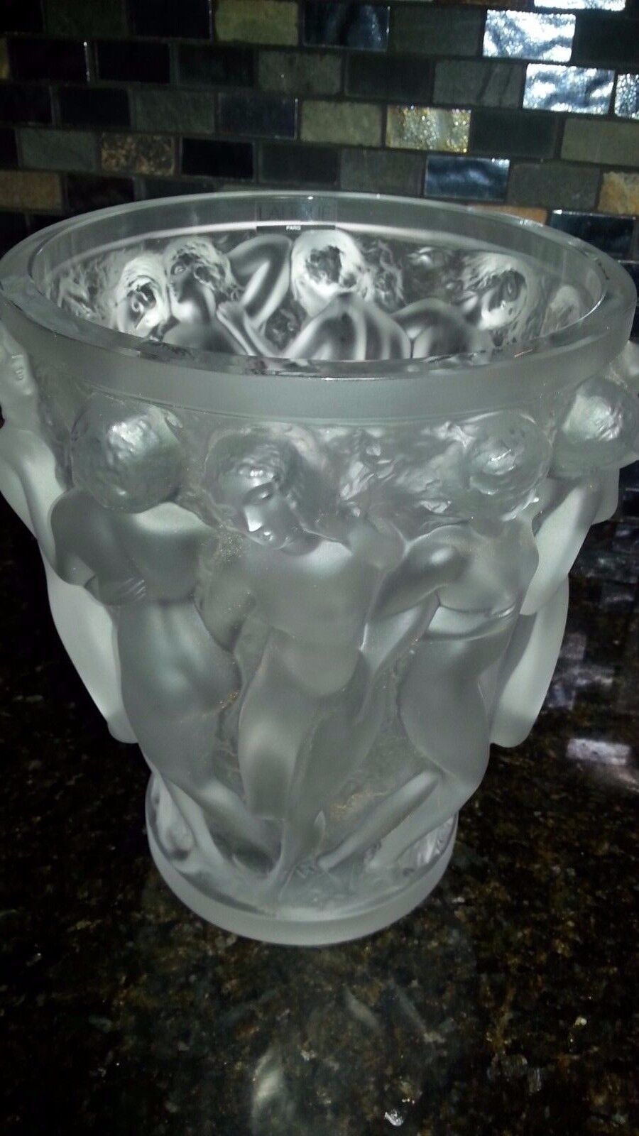 Lalique Bacchantes Large Frosted Crystal Vase signed by Marie Claude Lalique