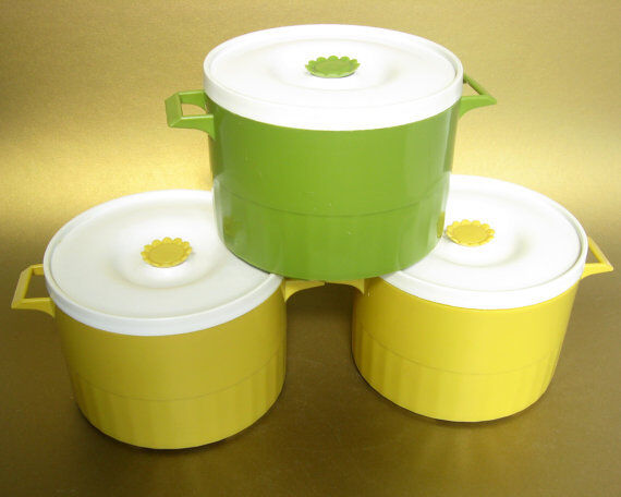 Vtg Stacking Plastic Containers,(3)Harvest Gold (1)Avocado Green - White Lids