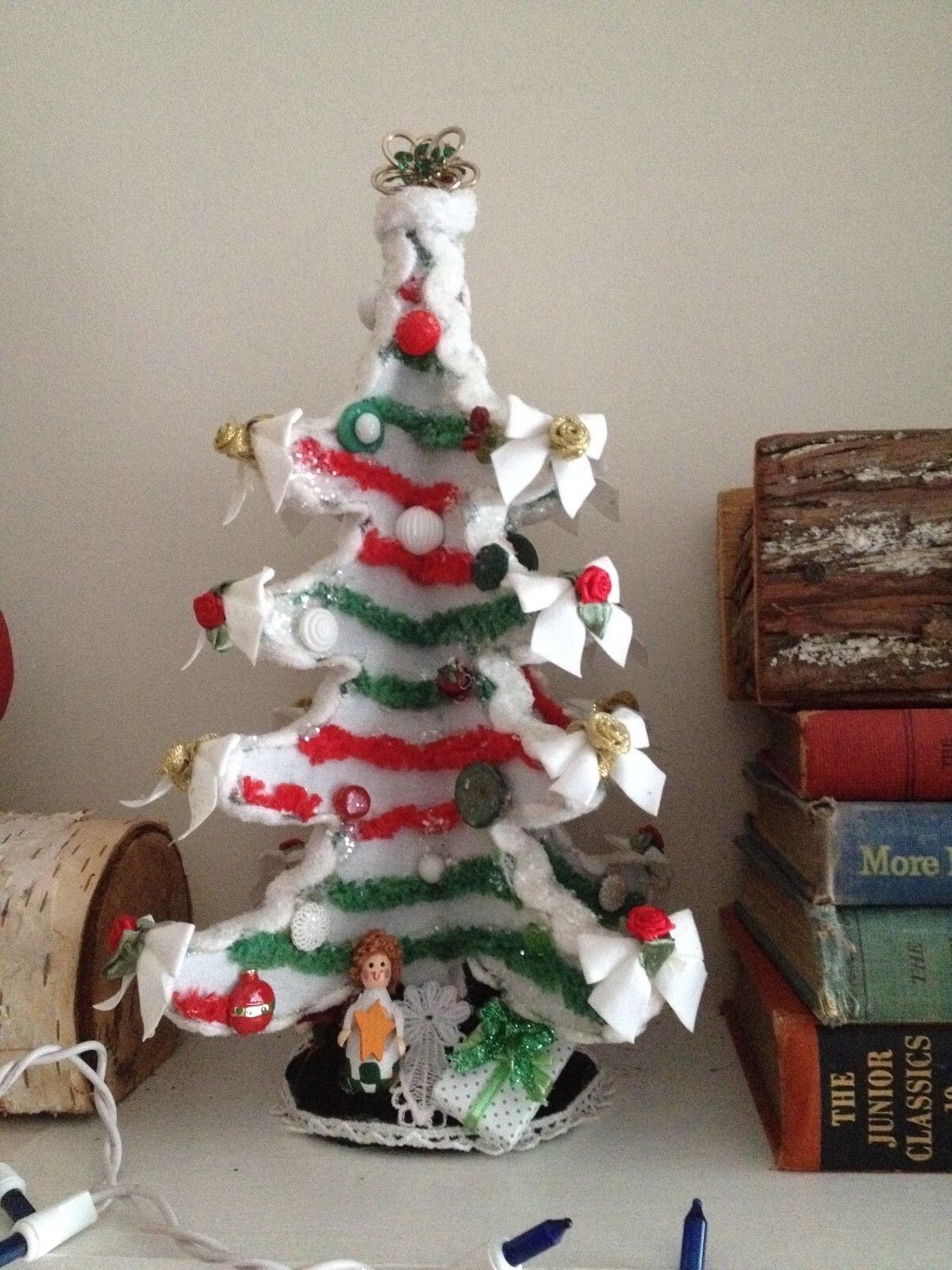 Handmade Mantel/Tabletop Christmas Tree—red, green, gold w/ chenille & buttons