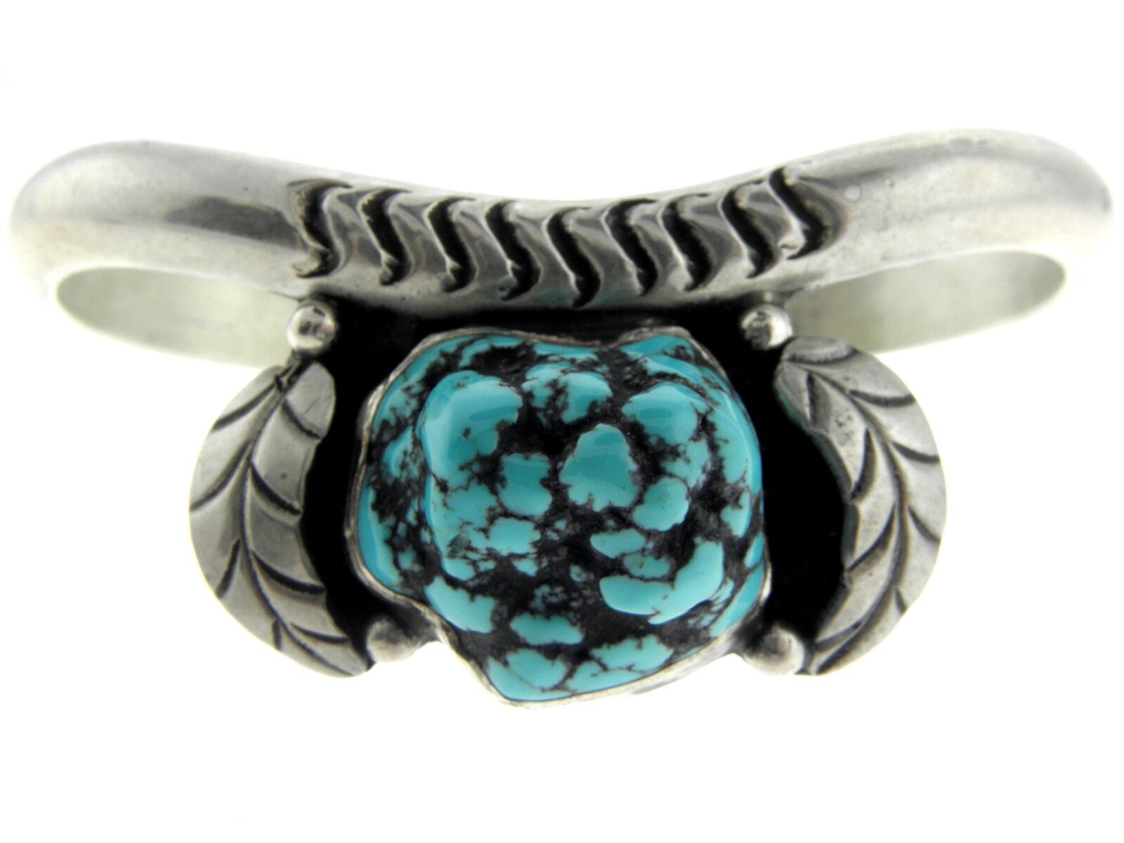 Navajo Sterling Silver Lone Mountain Turquoise Nugget Leaves Curvy Bracelet Cuff