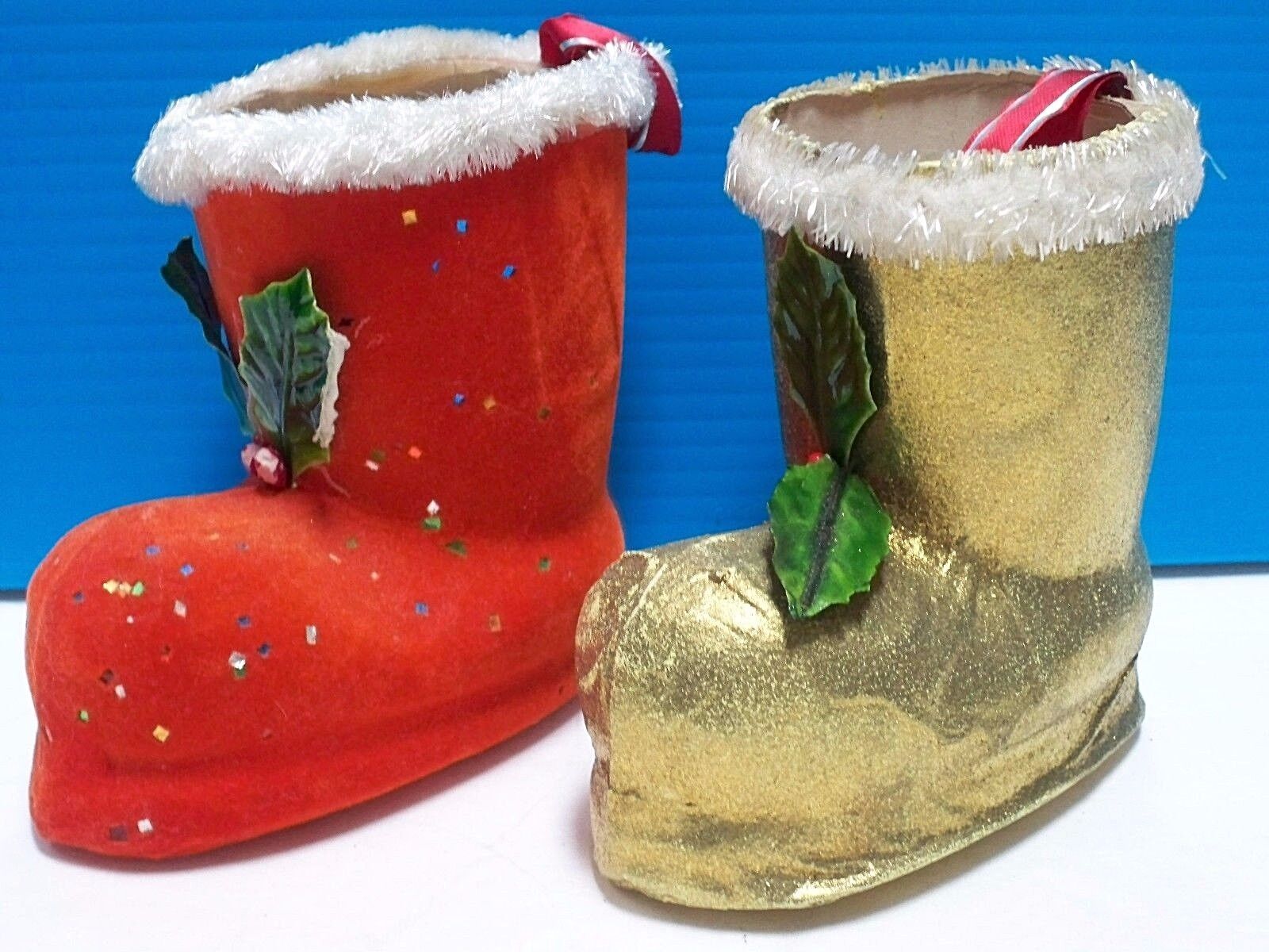VINTAGE LOT 2 RED FLOCKED & GOLD SANTA BOOT CANDY CONTAINER/ORNAMENT - JAPAN