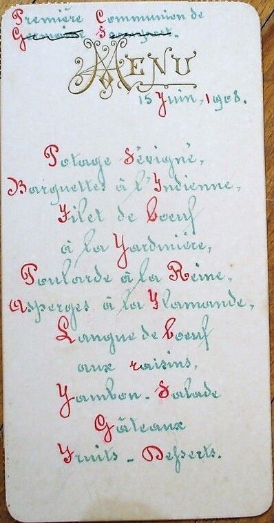 Menu: 1908 French Handwritten in Two Colors, Gold-Embossed Vignette 3