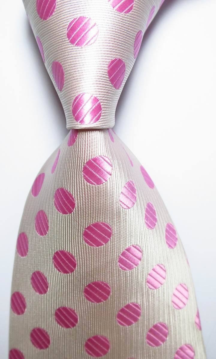 New Classic Polka Dot White Pink JACQUARD WOVEN 100% Silk Men\'s Tie Necktie