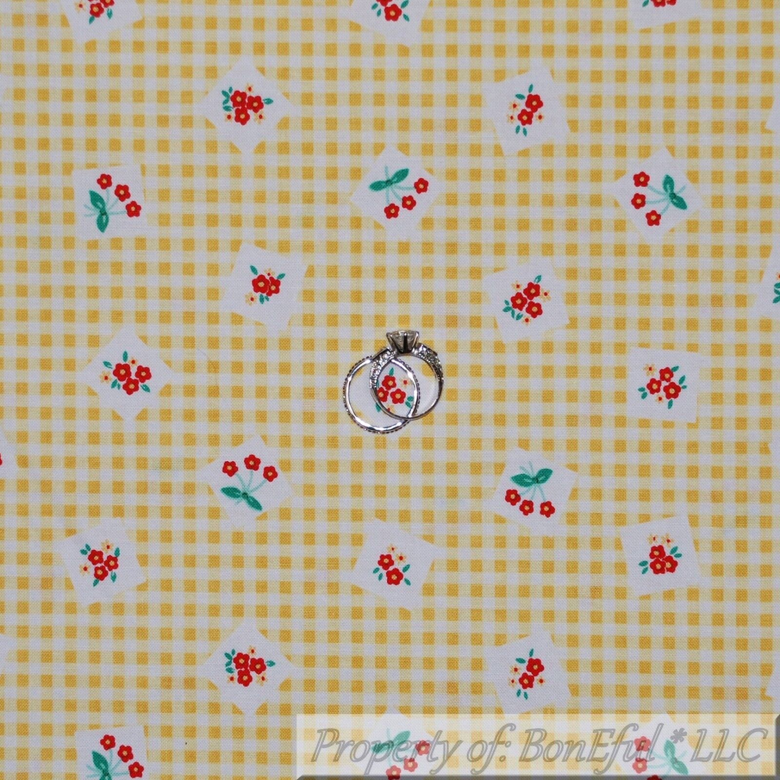 BonEful FABRIC Cotton Quilt Yellow White Gingham Red Small Little Flower L SCRAP
