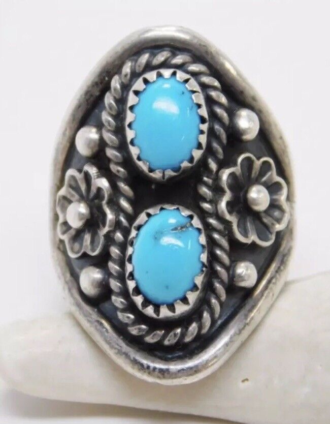 Vintage Old Pawn Dead Pawn Navajo Turquoise Flower Ring Signed Bennett