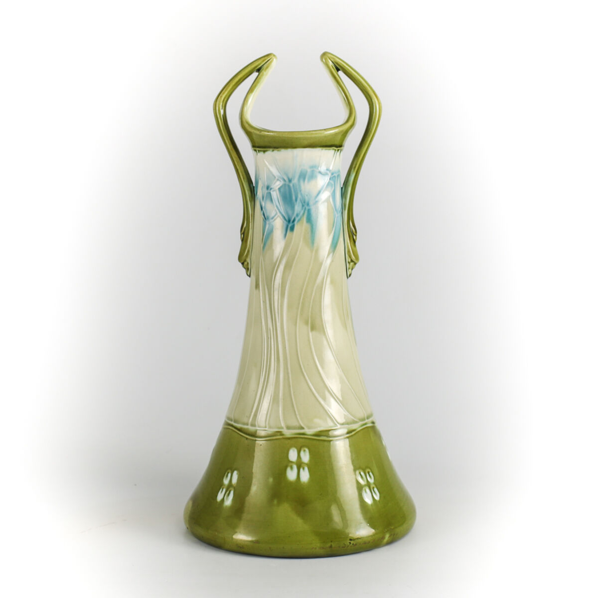 Minton Majolica Pottery Green Twin Handled Vase, Secessionist Movement 