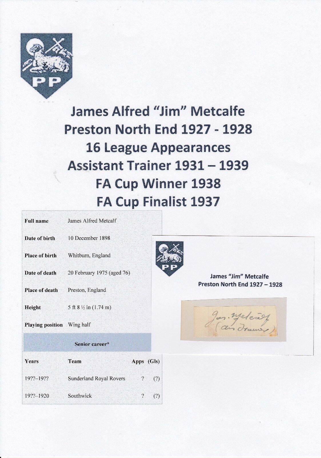 JIM METCALFE PRESTON NORTH END 1927-1928 RARE ORIGINAL HAND SIGNED CUTTING/CARD