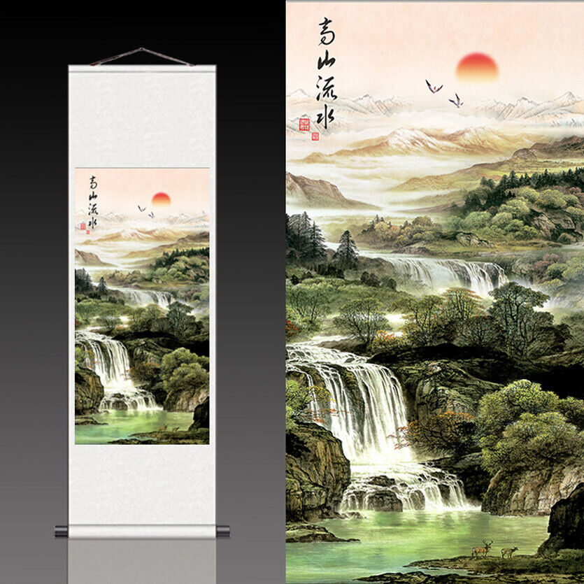 Chinese Silk Scroll Painting Home Office Decoration (高山流水图)