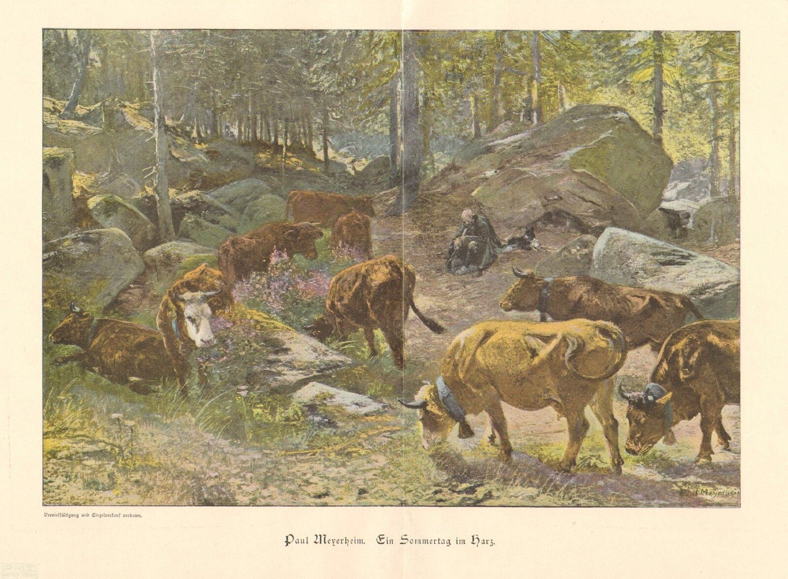 Summer, Cattle Grazing, Shepherd & Dog Resting, 1900 German Antique Art Print