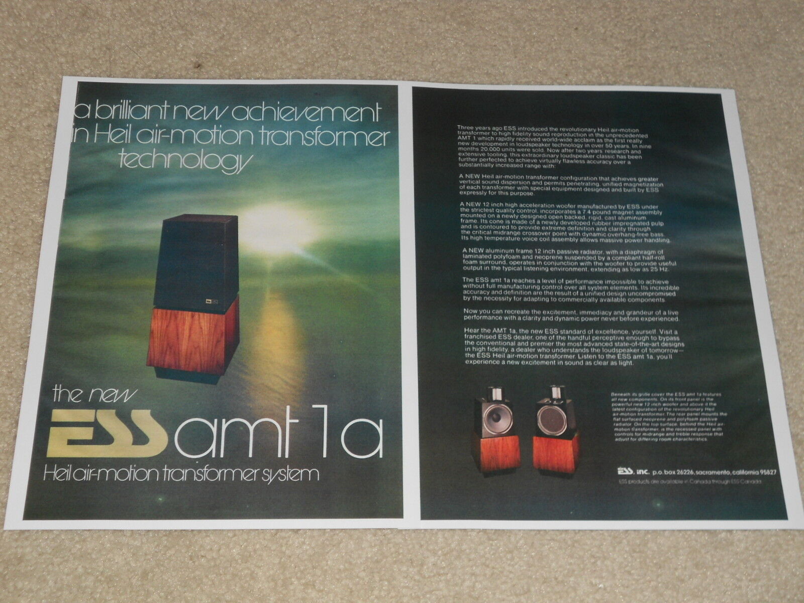 ESS amt-1a Speaker Ad, 1976, 2 pages, Article, Info, Very Rare