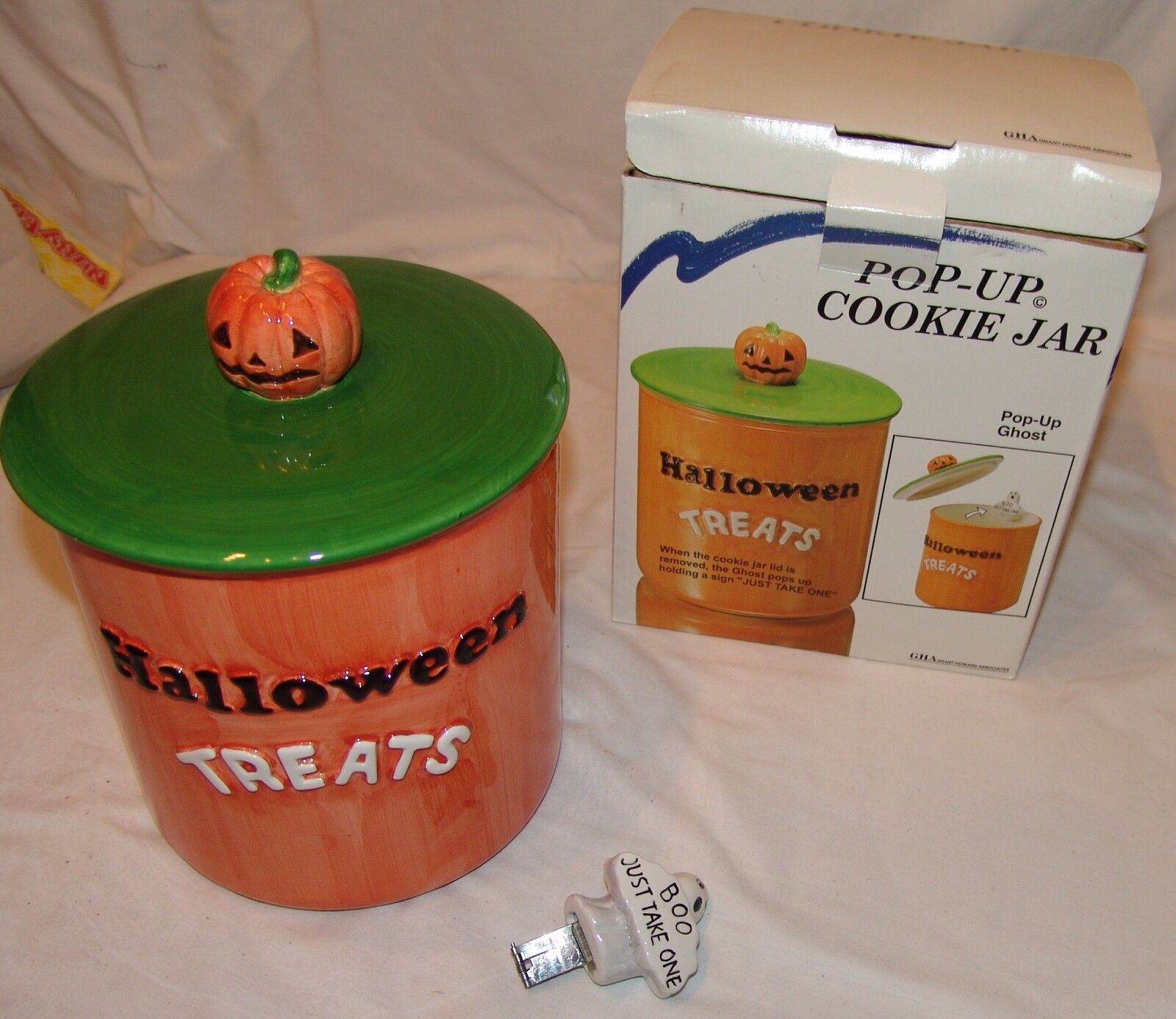 Halloween Treats GHA Pop Up Ghost Cookie Jar New Earthenware NIB