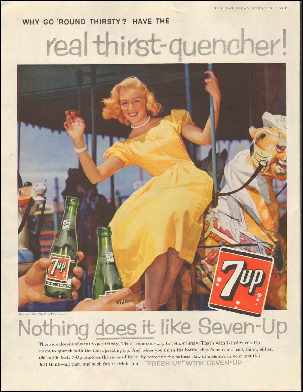 1959 Vintage ad for 7-up Carousel Yellow dress retro bottle jewelry  042618)