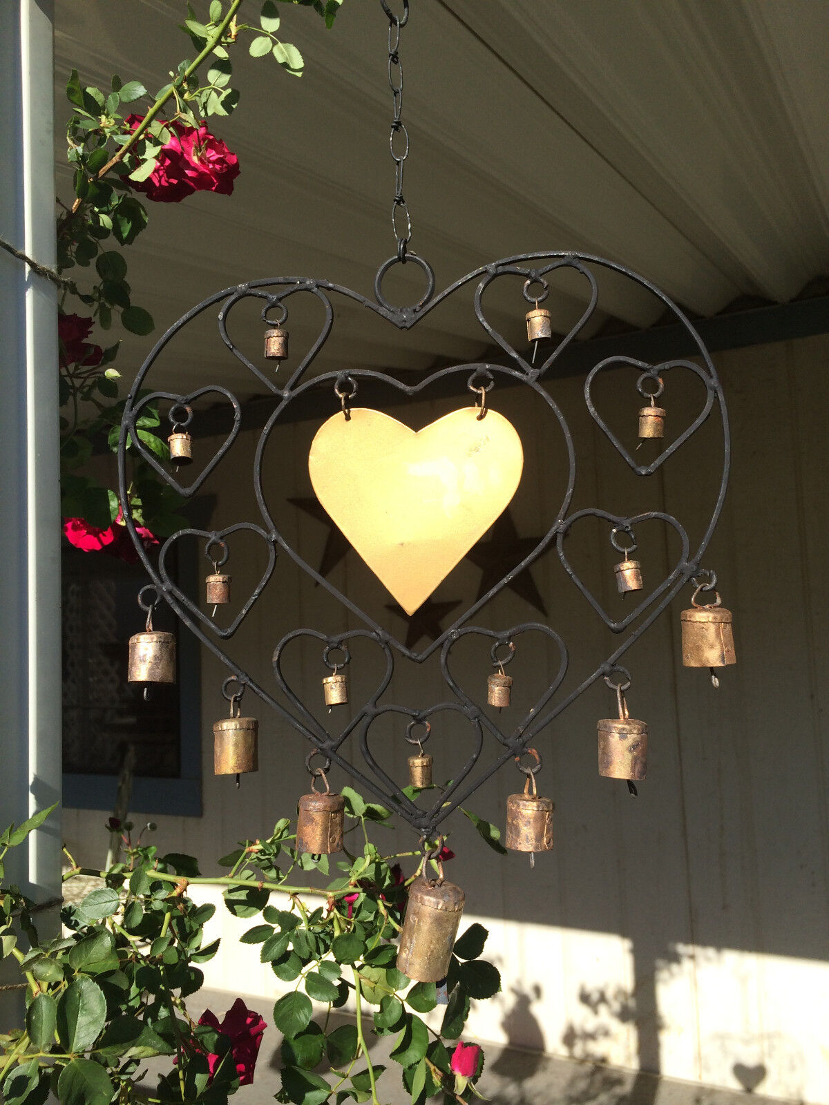 Large Iron Heart Windchime Recycled Metal Rustic Bells Garden Indoor Outdoor