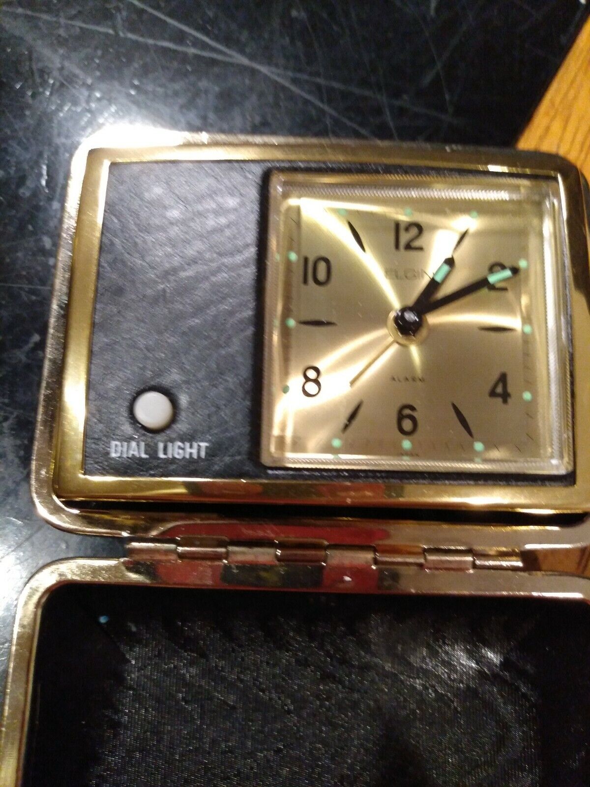 Vintage Elgin Travel Alarm Clock Dial Wind Up light Japan promo Navy Federal