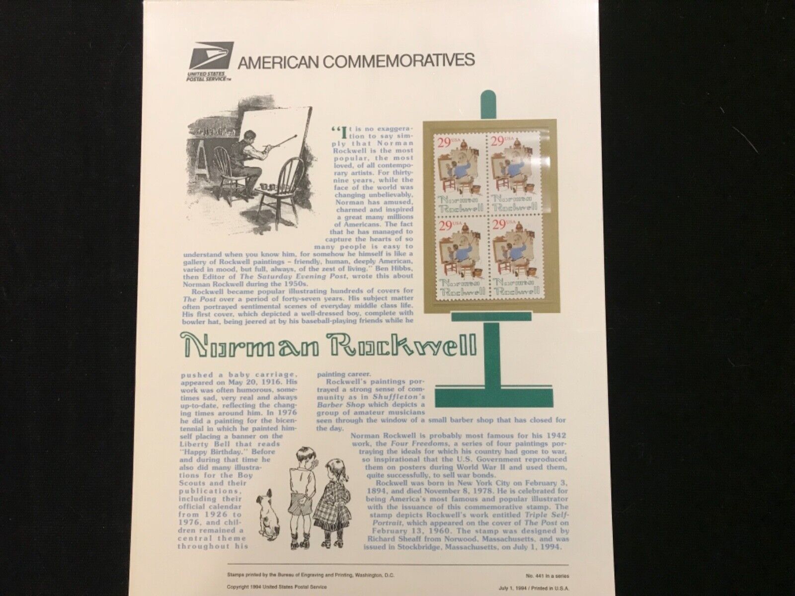 #2839   29c NORMAN ROCKWELL USPS # 441 Commemorative Stamp Panel