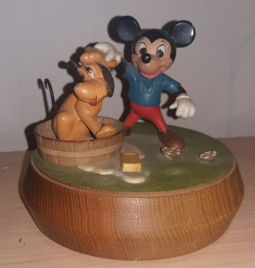 1971 Italian ANRI Mickey Mouse & Pluto Wooden Carved Music Box (Swiss Musical)