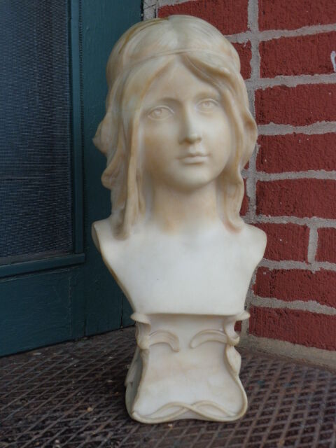 ANTIQUE VICTORIAN ART NOUVEAU ARTIST SIGNED CARVED GIRL MARBLE BUST STATUE 
