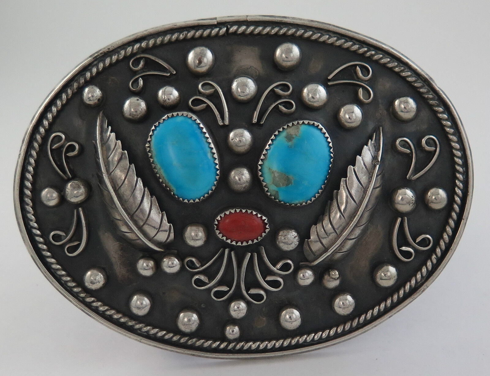 Massive Old Pawn Sterling Silver Turquoise & Coral 125 Gram Western Belt Buckle